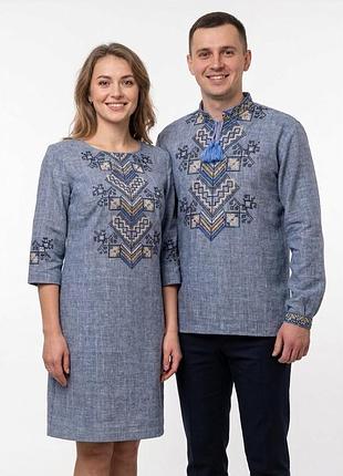 Льняна сорочка вишиванка для хлопчика family look підлітковий синій джинс довгий рукав 146 152 158 164 170 176 146, синій