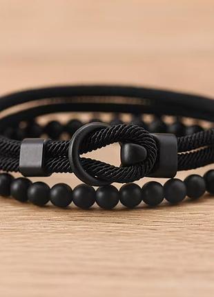 Двухслойный мужской браслет bangle hook + beads, браслет на удачу чорний