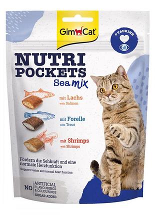 Gimcat nutri pockets sea mix taurine ласощі для кішок лосось з фореллю і креветками з таурином 150г