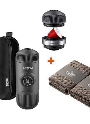 Набор wacaco nanopresso: кофеварка, адаптер для капсул и полотенца бариста