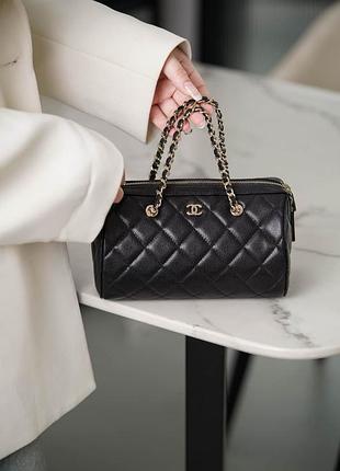 Chanel premium 2025 black caviar quilted leather mini bowling bag мини сумочка шанель