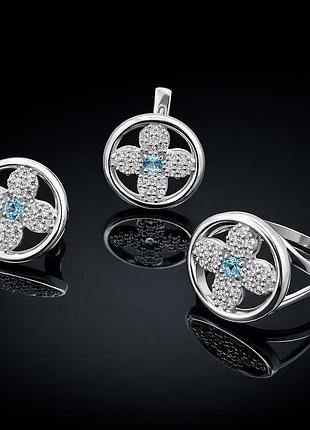Серебряное кольцо и серьги "космея" набор