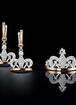 Серебряное кольцо и серьги с золотыми вставками корона 18