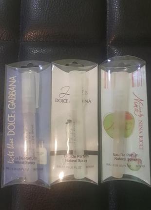 Пробник парфумованої води об'ємом 8 мл 
dolce gabbana dolce 8мл
dolce gabbana  light blue men 8мл
nina ricci love by nina 8мл