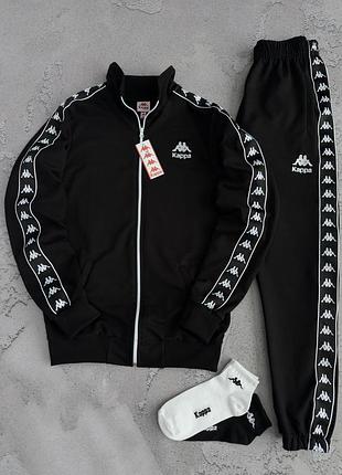 Костюм спортивний чоловічий чорний kappa all black! спортивный костюм мужской чёрный кофта + штаны лампас kарра! материал двухнитка! размеры s-2xl!