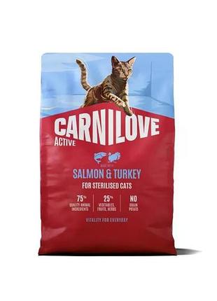 Сухой беззерновой корм carnilove active для стерилизованных котов с лососем и индейкой. карнилав