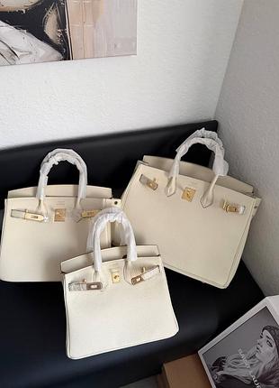 Брендовая кожаная сумка h. birkin 35 натуральная кожа натуральна шкiра премиум люкс белая молочная сумочка