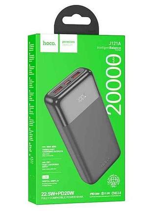 Power bank 20000mah j121a 3a/2usb/qc3.0/22.5w/pd20w/lcd дисплей (input micro, type-c) черный тм hoco