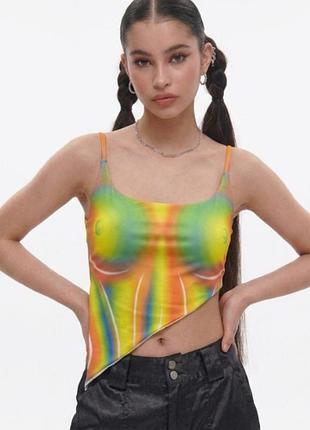 Топ женский асимметричный prettylittlething разноцветный принт на завязках93914 l