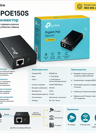 Poe-инжекторы tp-link poe 150s — это для одновременной передачи данных и электропитания по одному кабелю к ip-камерам, точкам доступа и ip-телефонам