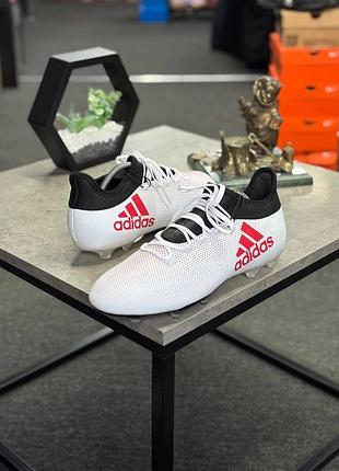 Футбольні бутси adidas x 17.2 fg (забарвлення cold blooded із білим синтетичним верхом, чорною зоною носка та червоним логотипом adidas).