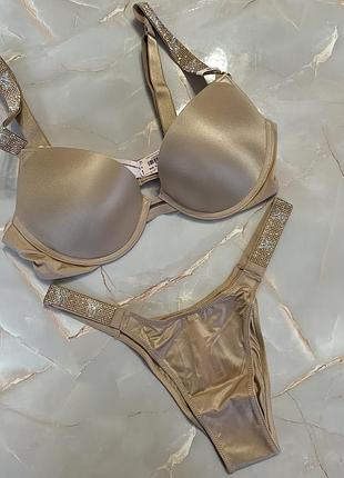 Шикарний комплект білизни victoria’s secret оригінал зі стазами swarovski бюстгальтер 34b 75б трусики бразильяна с