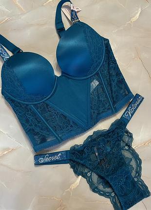 Шикарний мереживний комплект білизни victoria’s secret з камінням swarovski оригінал люкс серія бюстьє з пуш апом 34в 75б трусики хс корсет топ