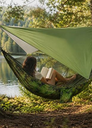 Кемпинговый гамак с тентом и москитной сеткой камуфляж 260x140 см / туристическая палатка для природы