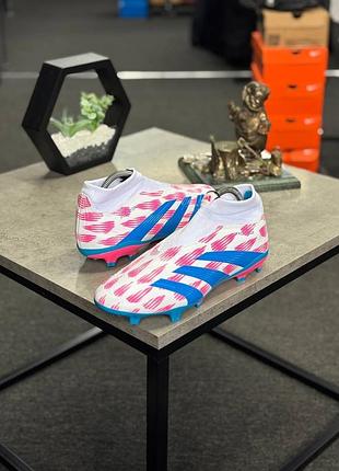Футбольні бутси adidas predator league ll fg (код моделі if1465) із забарвленням footwear white/solar blue/solar pink з колекції reemergence.