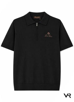 Мужское поло loro piana черное на молнии с коротким рукавом и вышитым логотипом premium casual