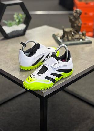 Дитячі сороконіжки adidas predator club tf (модель jh8871 / hook-and-loop) у білому кольорі з чорними та салатовими акцентами (lucid lemon).