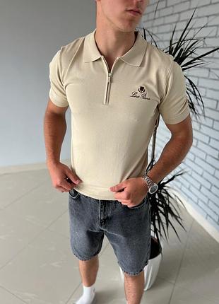 Мужское поло loro piana молочное на молнии с коротким рукавом и вышитым логотипом premium casual 3