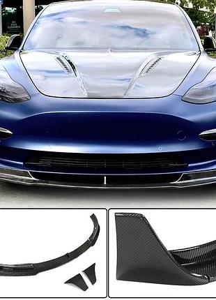 Накладка на передній бампер lip v3 (2017-2023, карбон) для tesla model 3 2017- рр
