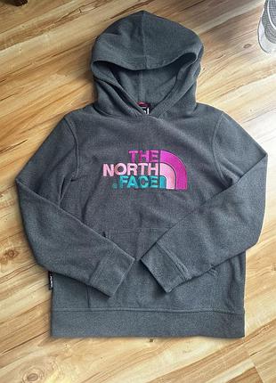 Оригінальне флісове худі the north face у стильному сірому кольорі з яскравою вишивкою логотипа.