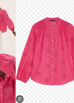 Котоновая блуза с прошвы  обьемные рукава собрание в манжеты  marks&amp;spencer