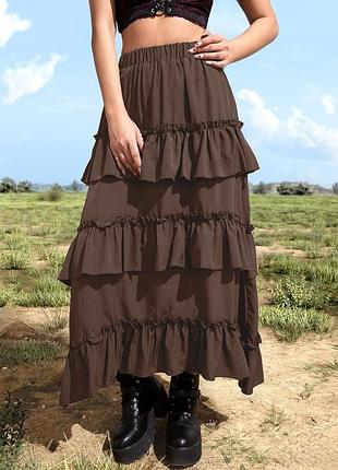 Коричневая ярусная юбка миди/макси с воланами в стиле boho / fairycore