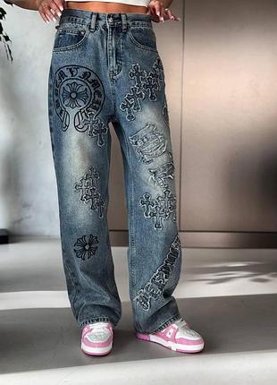 Стильові джинси chrome hearts сині з вишивкою