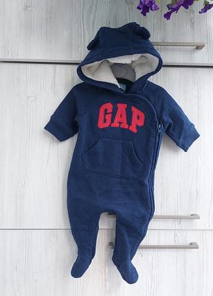 Брендовый теплый человечек gap с капюшоном с ушками для мальчика 0-3м