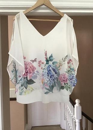 Топ lipsy kimono з квітковим принтом та метеликами розмір 14 в білому кольорі з розрізами на плечах
