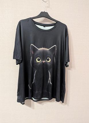 Футболка 3xl с принтом черного кота 3d oversize черная