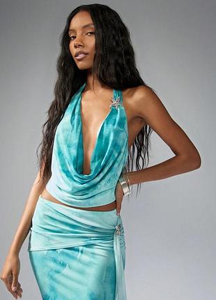 ❤️1+1=3❤️ missguided новий(з біркою) топ з драпірування та коміром-халтером (без брошки), літній морський укорочений топ-сітка, розмір xs