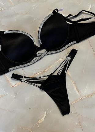 Комплект білизни victoria’s secret оригінал з камінням swarovski пуш ап бюстгальтер 34в 75б трусики стрінги хс с м