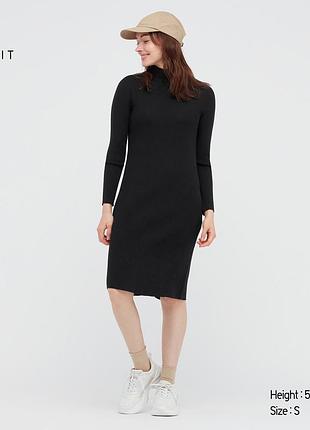 Uniqlo черное платье шерсть 3d knit миди в рубчик водолазка длинный рукав по фигуре