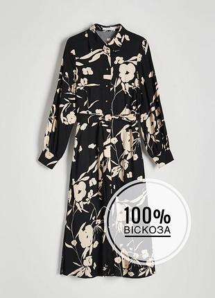 Сукня максі з довгим рукавом reserved р.xl-xxl чорна в квітковий принт плаття з паском на талії на гудзиках кишені 100% віскоза батал