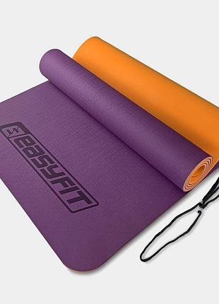 Коврик для йоги и фитнеса easyfit tpe+tc 6мм двухслойный фиолетовый-оранжевый