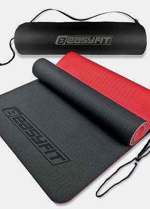 Коврик для йоги и фитнеса easyfit tpe+tc 6мм двухслойный + чехол черный с красным