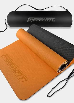 Коврик для йоги и фитнеса easyfit tpe+tc 6мм двухслойный + чехол оранжевый с черным