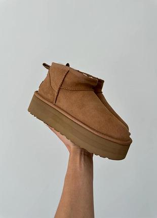 Бежеві замшеві уггі ugg classic ultra mini platform xl chestnut х угг ультра міні 40