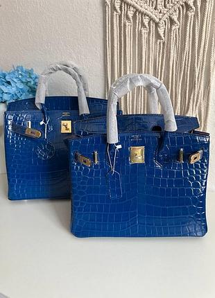 Брендовая кожаная сумка h. birkin 30 35 натуральная кожа лак под рептилию натуральна шкiра премиум люкс синяя кобальт