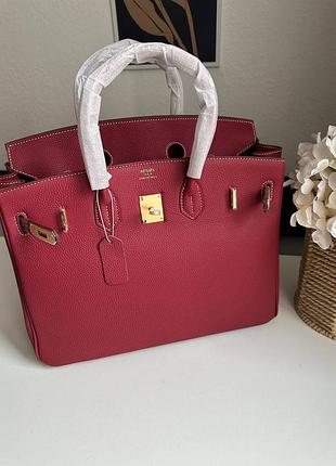 Брендовая кожаная сумка h. birkin 35 натуральная кожа натуральна шкiра премиум люкс вишнёвая красная сумочка