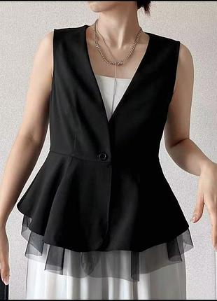 Ошатний чорний жилет баска з шифоном plus size, розмір 4xl (батал) 56-58