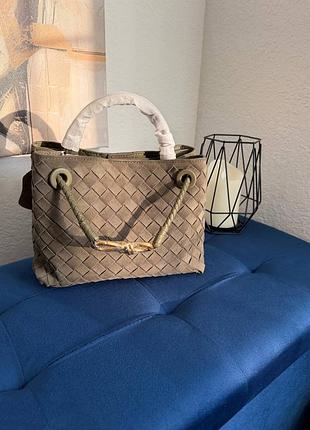 Брендовая плетёная сумка bottega veneta натуральная замша цвет оливковый премиум