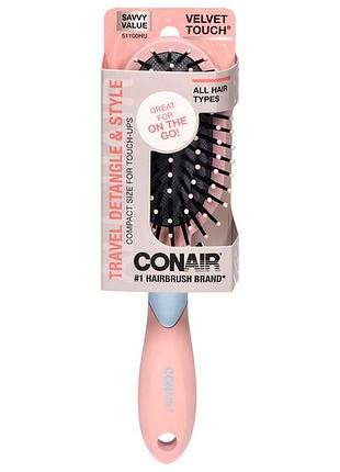 Компактная массажная щетка для волос conair velvet touch travel (розовая)
