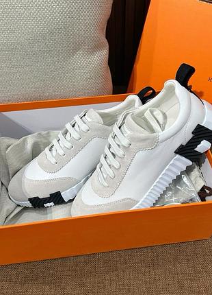 Белые мужские кожаные кроссовки hermes bouncing с белой вставкой эрмес кеды 44