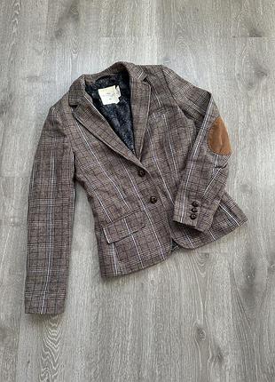 Піджак h&m жіночий жакет однобортний з вовною у клітинку із заплатками на рукавах сірий