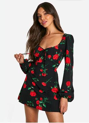 Літня сукня ♥️з кісточками та чашками 🌹 boohoo 🌹 міні-сукня з трояндами 🌹 сукня з корсетним ліфом та рукавами буфами s/м