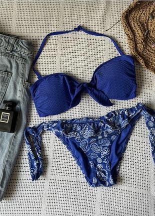 Роздільний синій купальник бандо на завʼязках calzedonia