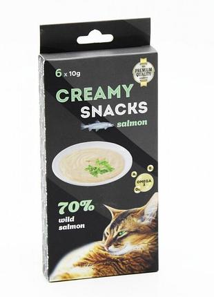 Creamy snacks salmon ласощі для кішок мяке пюре з мякоті лосося та курки в стиках 610 гр.