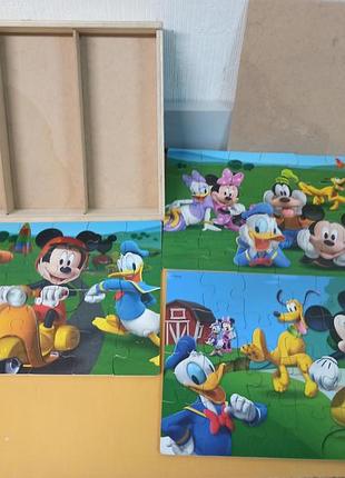 Набор деревянных пазлов disney mickey mouse, включающий три различные картинки