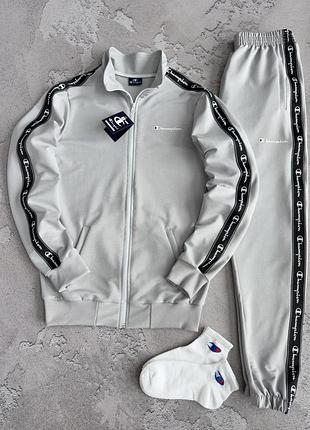 Костюм спортивний чоловічий сірий champion grey! спортивный костюм мужской сірый кофта + штаны лампас champion! материал двухнитка! розміри s-2xl!